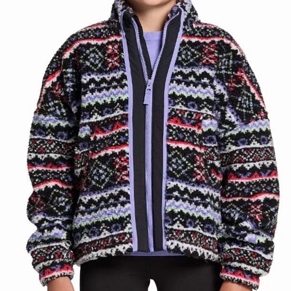 NEW DSG‎ Girls XL Cozy Fleece Full Zip Funky Fair Isle Sherpa Jacket Striped